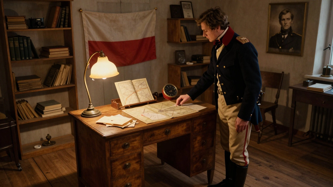 Внутри мини-музея: старый стол с письмами, портрет Косцюшко и военные карты под тёплым светом.