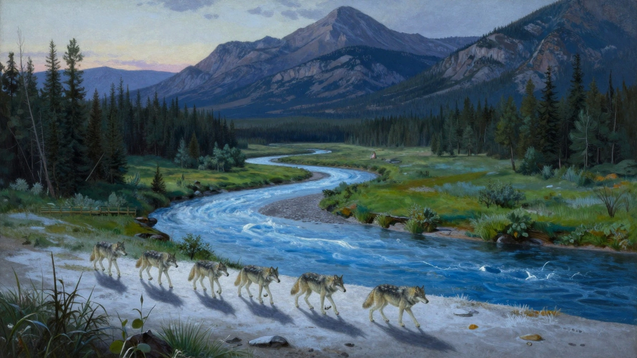 Волки идут по реке в Йеллоустоне при закате, вокруг — термальные источники и зелёная долина.