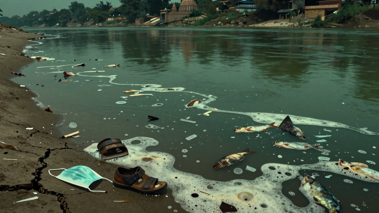 Загрязнённая река Ямуна с плавающим мусором, мёртвыми рыбами и детской обувью на берегу
