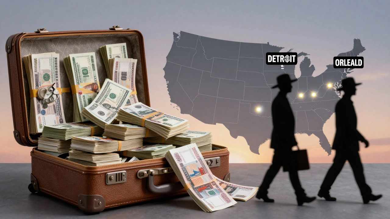 Чемодан с рублями рядом с картой США, где светятся дешёвые аэропорты, а дорогие города в тени.