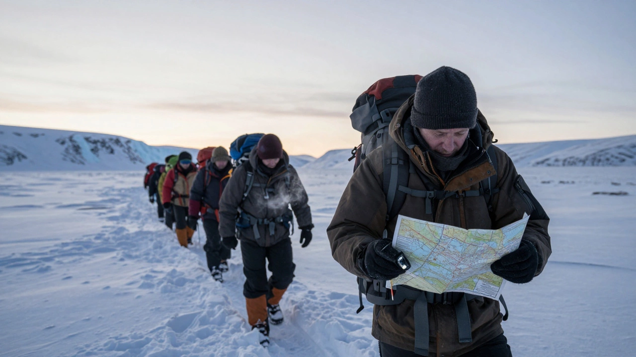 Экспедиционная группа в снежной пустоши Таймыра с картой и сломанным GPS.