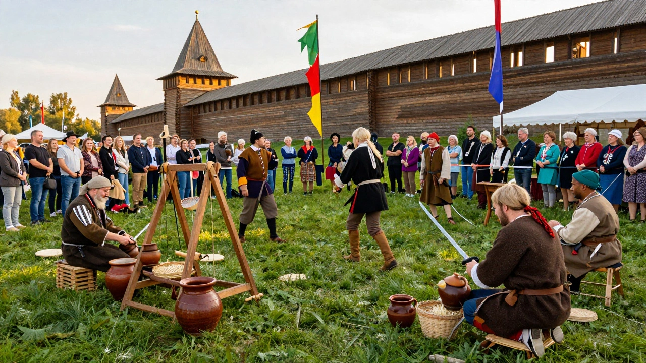 Фестиваль исторической реконструкции: люди в древних костюмах мастерят, ткут и тренируются у крепостной стены.