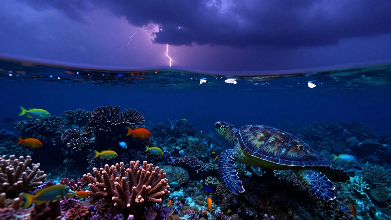 Коралловый риф в сумерках, рыбы светятся, над водой бушует шторм, на поверхности — пластиковый мусор.