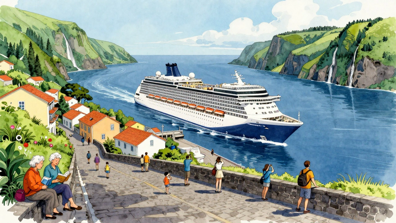 Круизный лайнер у островов Азоры, пассажиры исследуют живописный порт.