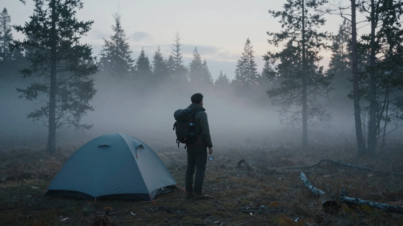 Одинокий путешественник в тишине сибирского леса утром, держит компас.