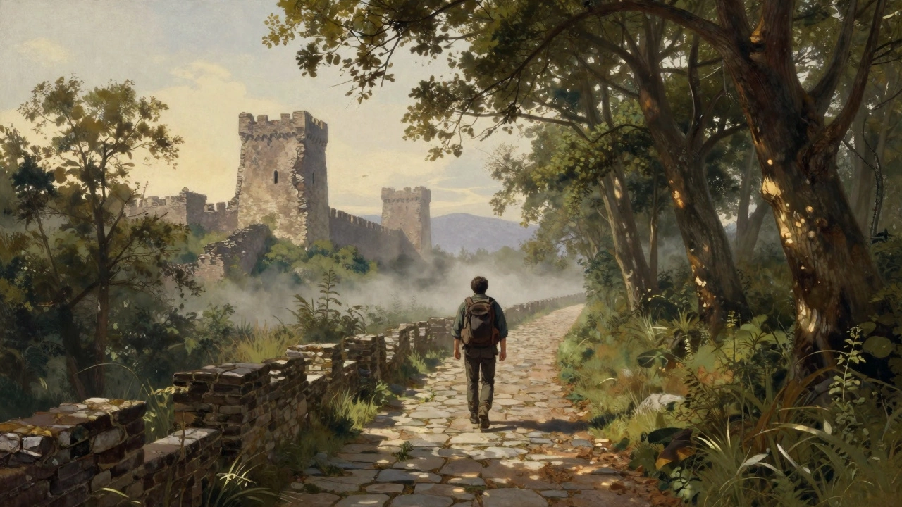 Одинокий путник идёт по старинной каменной тропе среди леса с руинами средневековой башни на фоне.