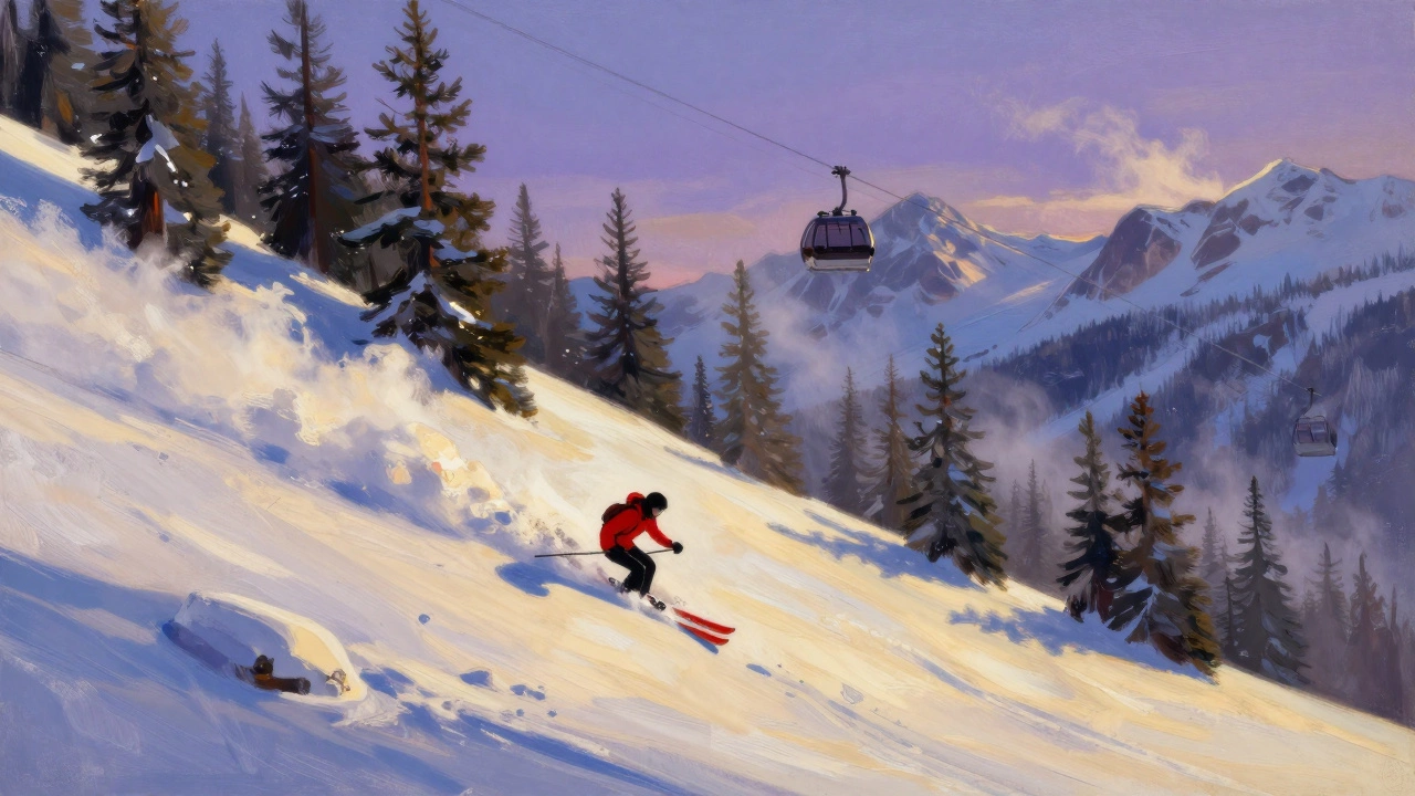 Опытный лыжник спускается по самой сложной трассе 'Golden Eagle' в Вейле: безупречный снег, горы, одиночество.