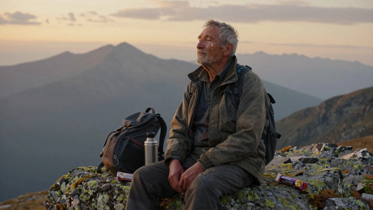 Пожилой мужчина с закрытыми глазами сидит на камне в горах, солнце освещает его лицо.
