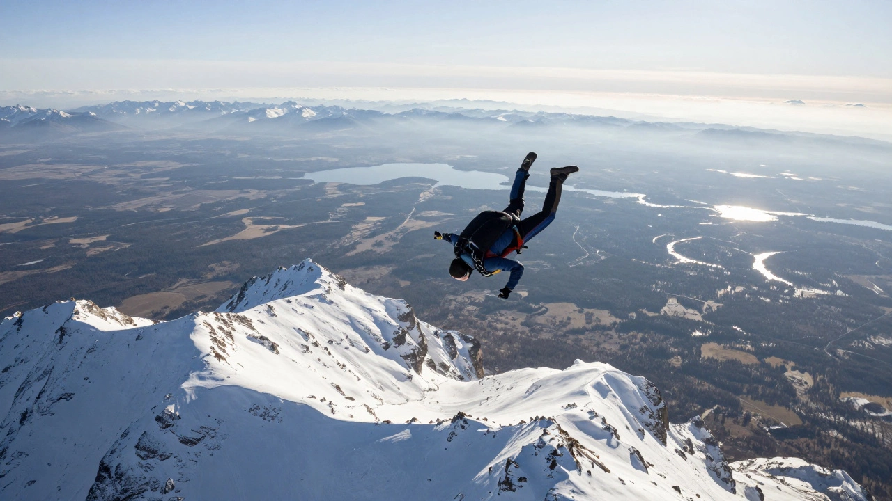 Прыгун с парашютом в свободном падении над сибирскими горами, солнце освещает его фигуру, земля далеко внизу.