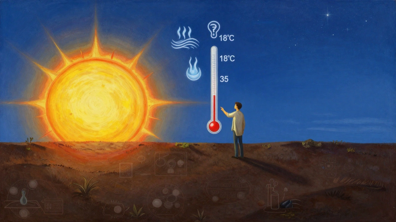 Схематичная картина: дневное тепло переходит в ночное охлаждение под чистым небом.