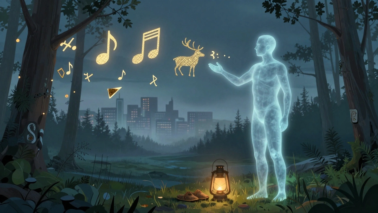 Символический образ исчезающей культуры: светящиеся фрагменты традиций в лесу у лампы.