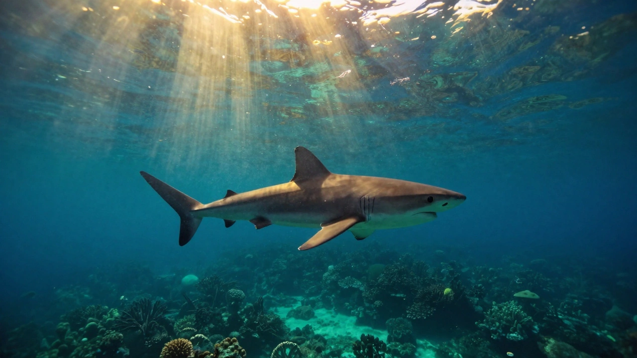 Скафандр в океане рядом с акулой, солнечные лучи пронзаю воду, спокойная атмосфера подводного мира.