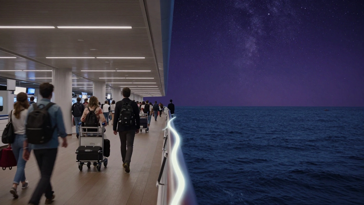 Сравнение аэропорта и круизной палубы: суета против спокойствия на океане.