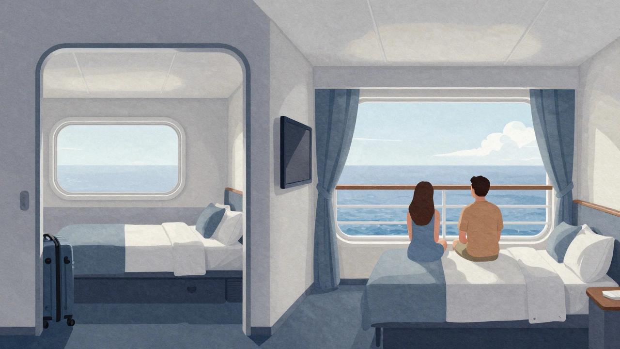 Сравнение кабин на круизном судне: без окна слева, с балконом справа.