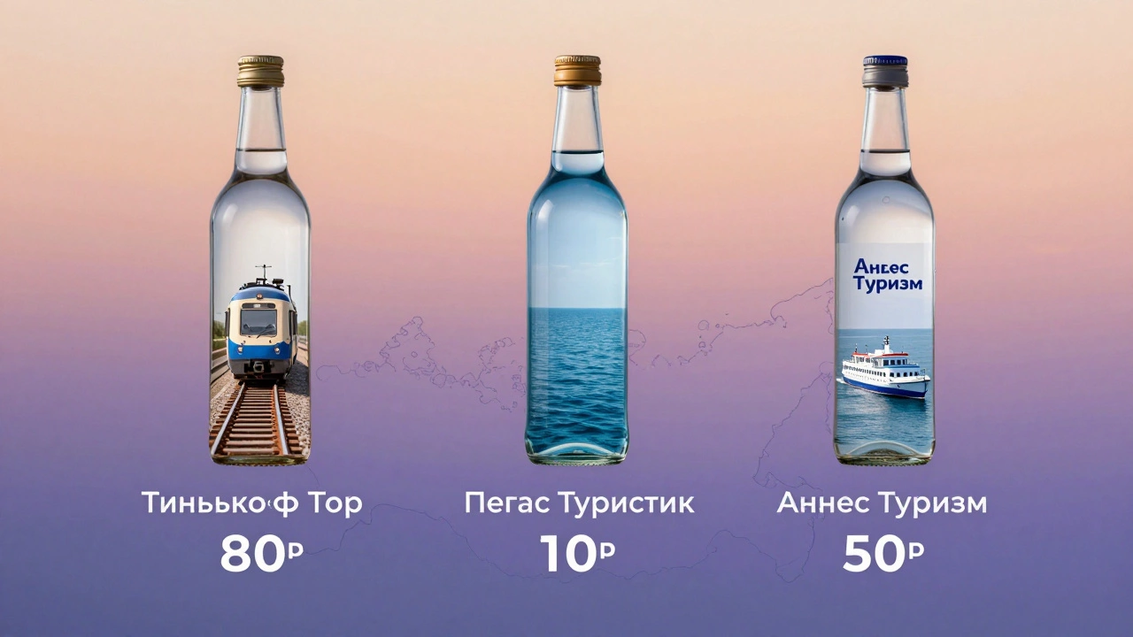 Три прозрачные бутылки с символами туров по России, над картой страны с ценами.