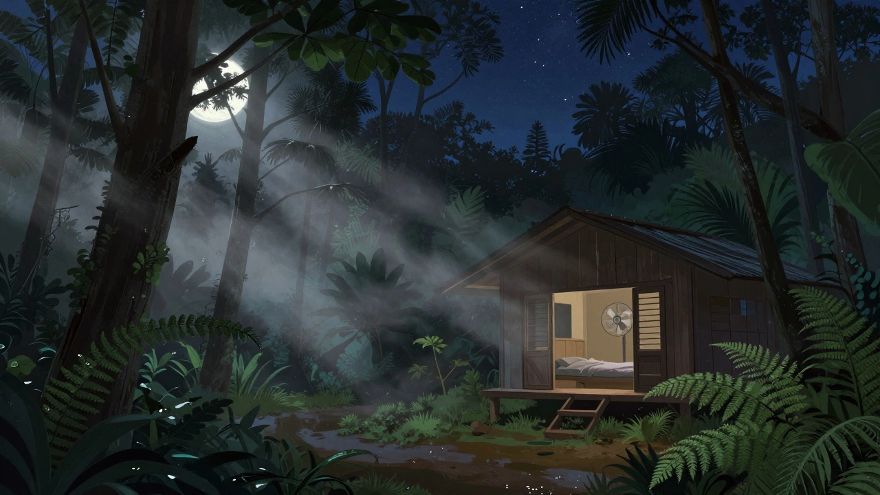 Тропический лес ночью с туманом, деревьями и вентилятором в бунгало под звездным небом.