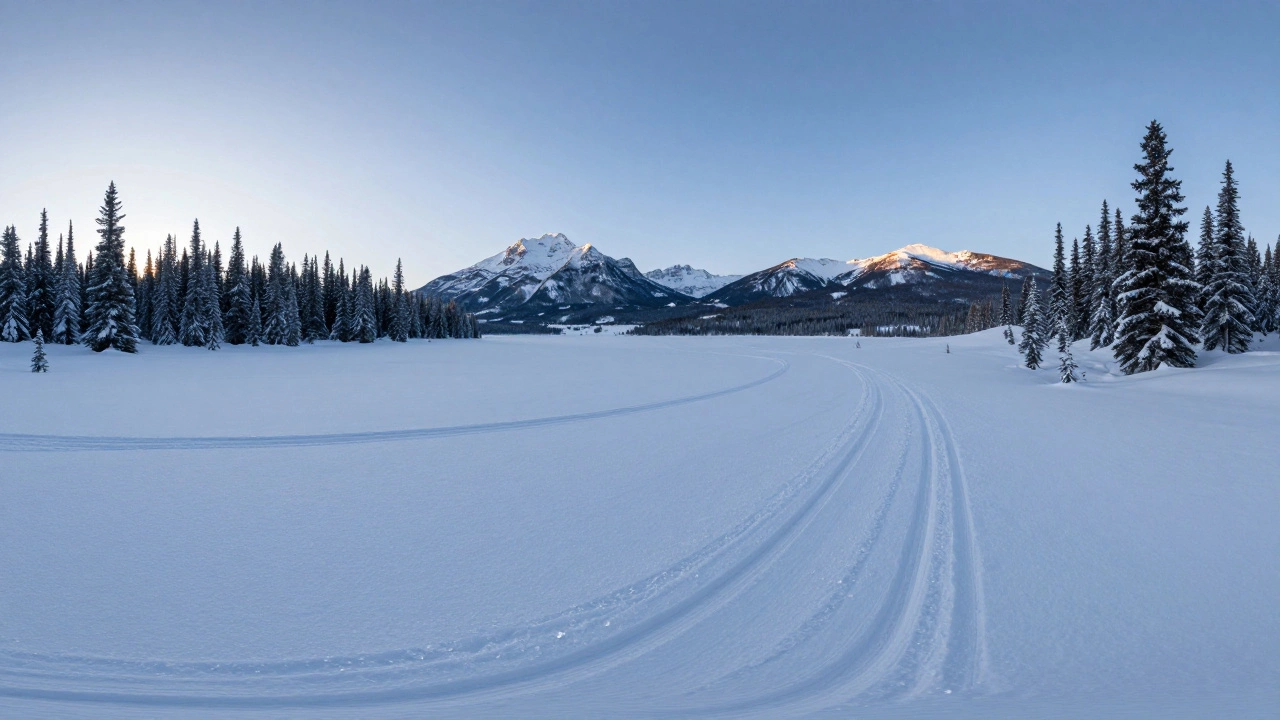 Бескрайние снежные поля Канадских Кордильер под утренним светом, сухой и пушистый снег лежит без следов.