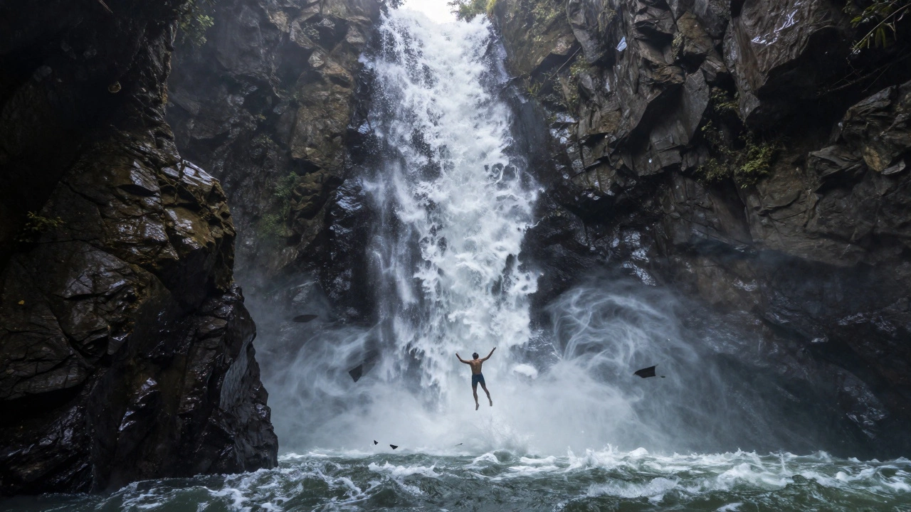 Человек в стремительном потоке водопада между скалами, вода бьёт сверху.