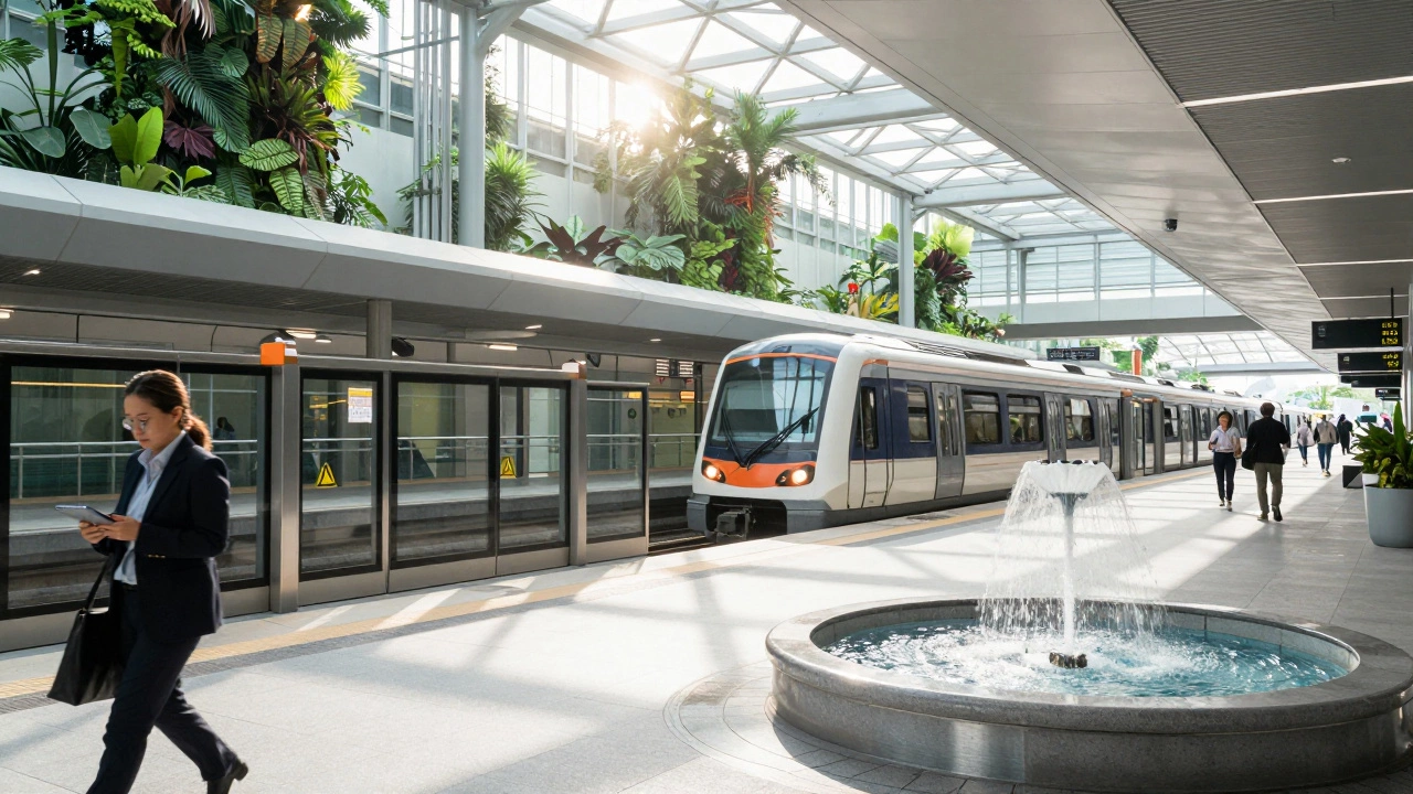 Чистый метро-станция в Сингапуре с прибывающим поездом на рассвете.