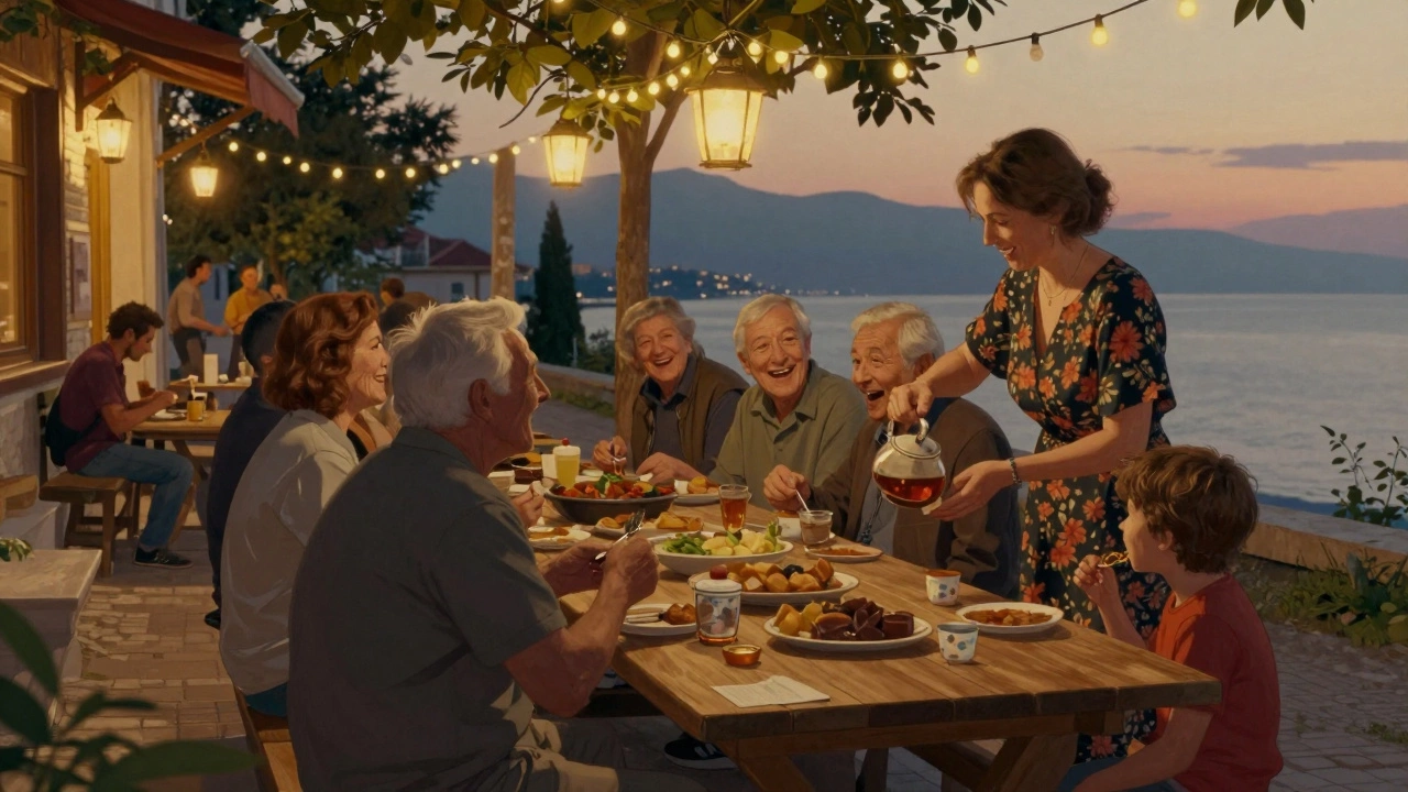 Люди разных возрастов делятся едой за общим столом на улице в Сочи при закате.