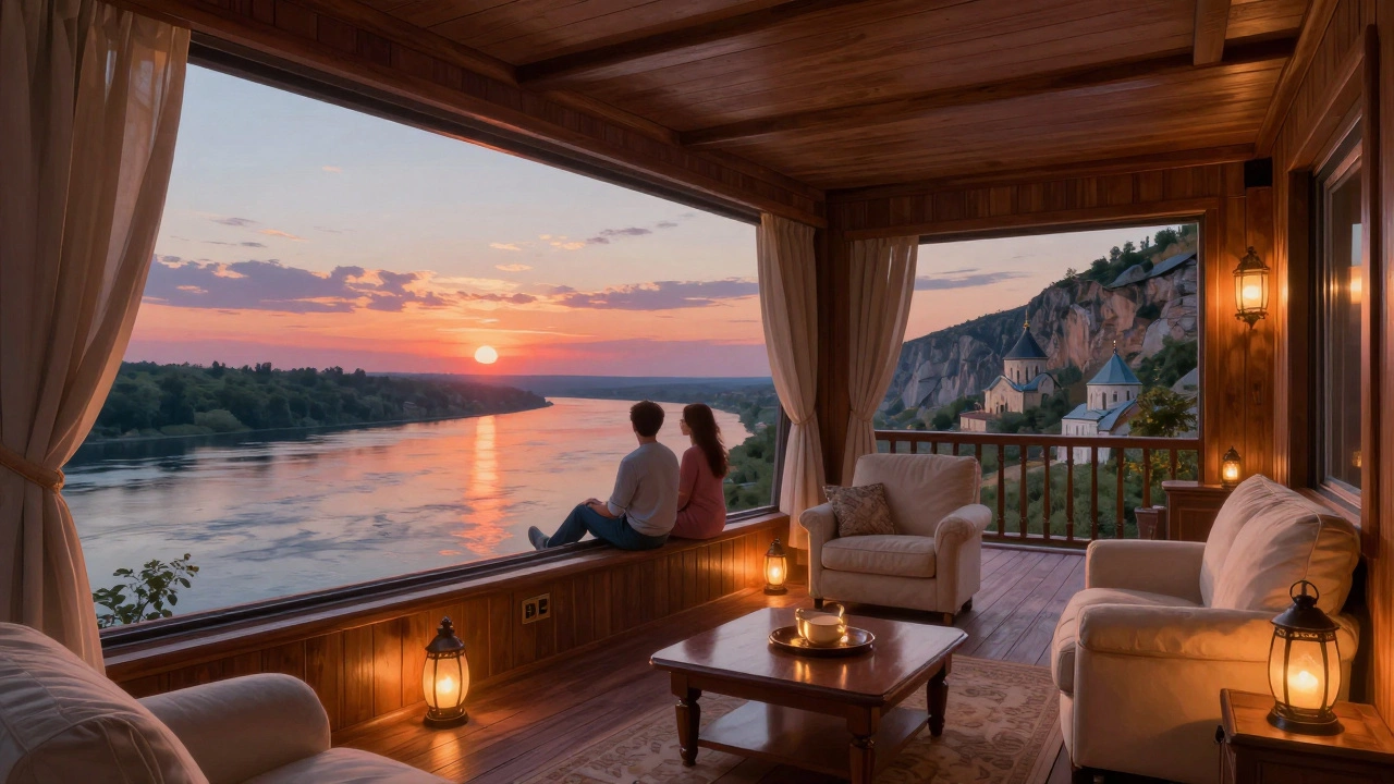 Люкс-каюта с балконом на верхней палубе, пара на закате над рекой.