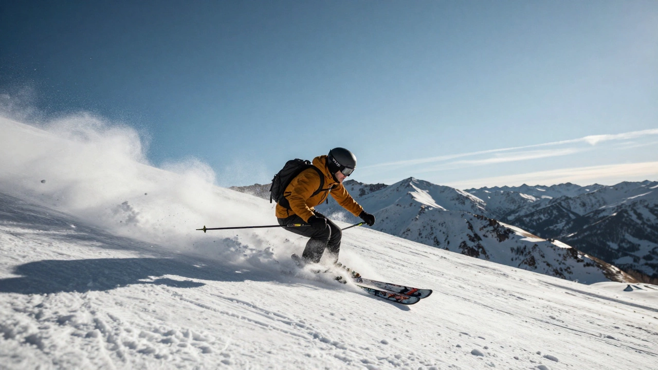 Лыжник делает поворот на высокогорном склоне Юты, снег легкий, как пыль, и почти не сопротивляется.