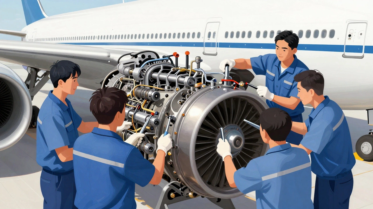 Механики проверяют двигатель Boeing 777, уделяя внимание деталям