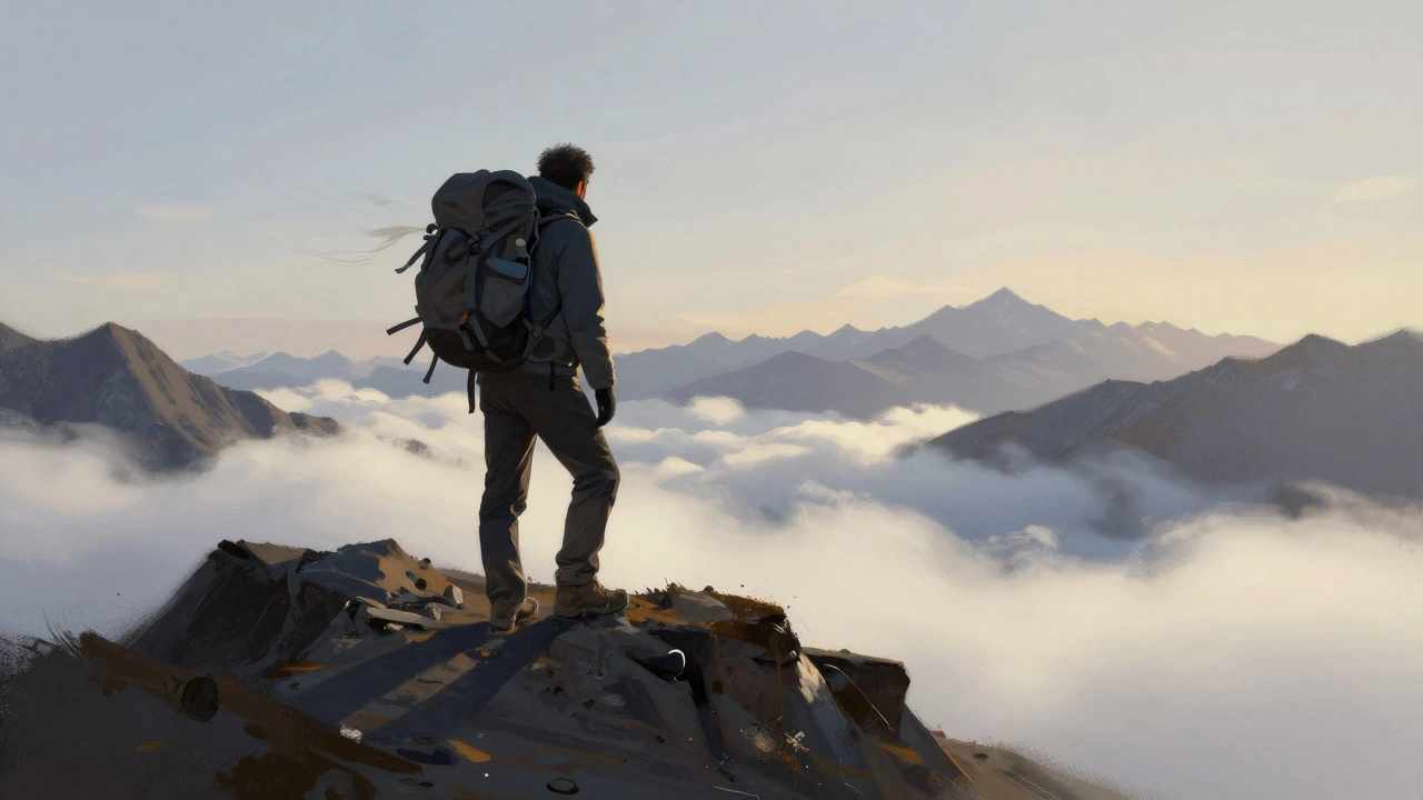 Одинокий путешественник на высокой горной тропе, нет следов, только небо и облака ниже.