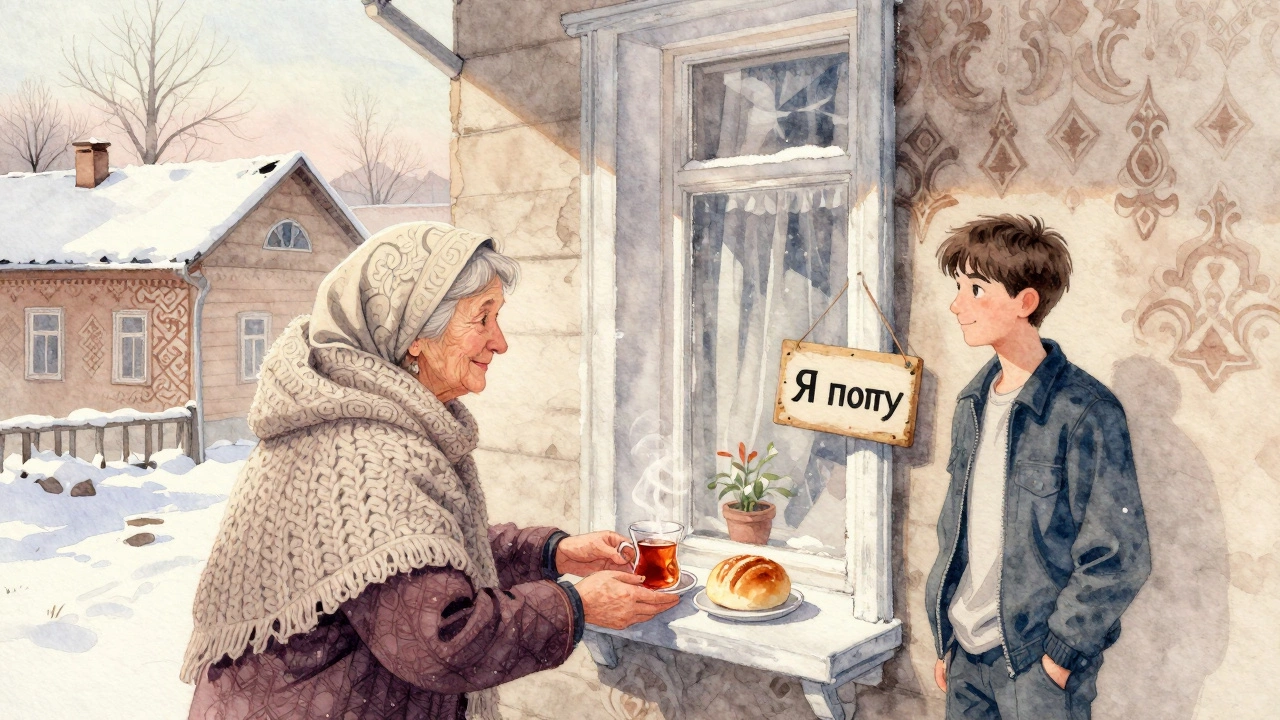 Пожилая женщина кладет чай и булочку на подоконник в Казани, прохожий улыбается в ответ.