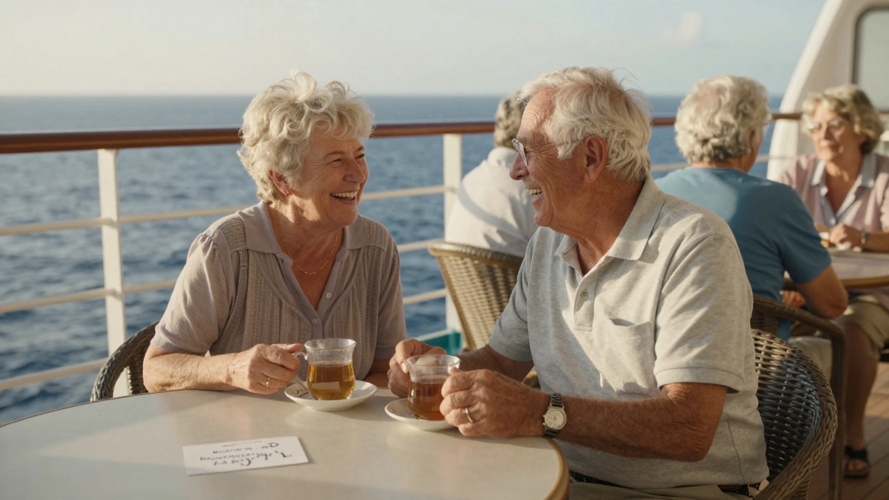 Пожилые люди смеются за чашкой чая на палубе круизного лайнера, виден океан на фоне.