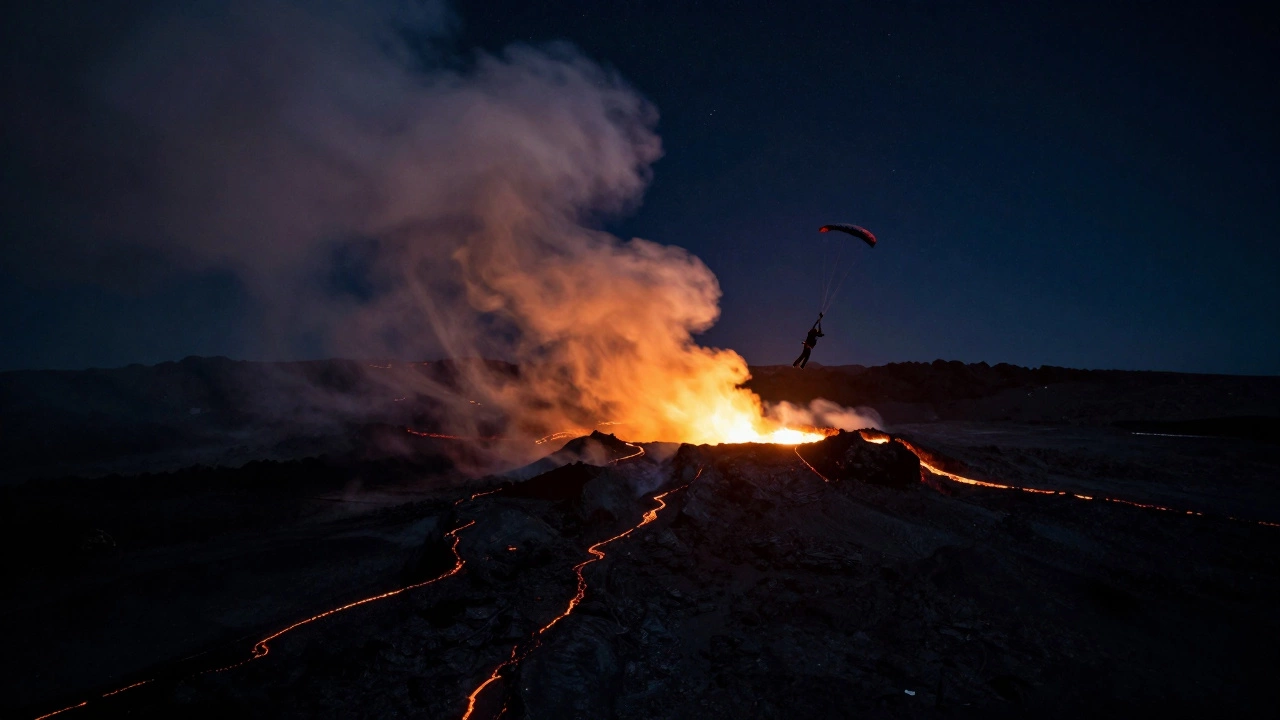 Прыгун с вулкана в ночи, лава светится внизу, дым поднимается в небо.