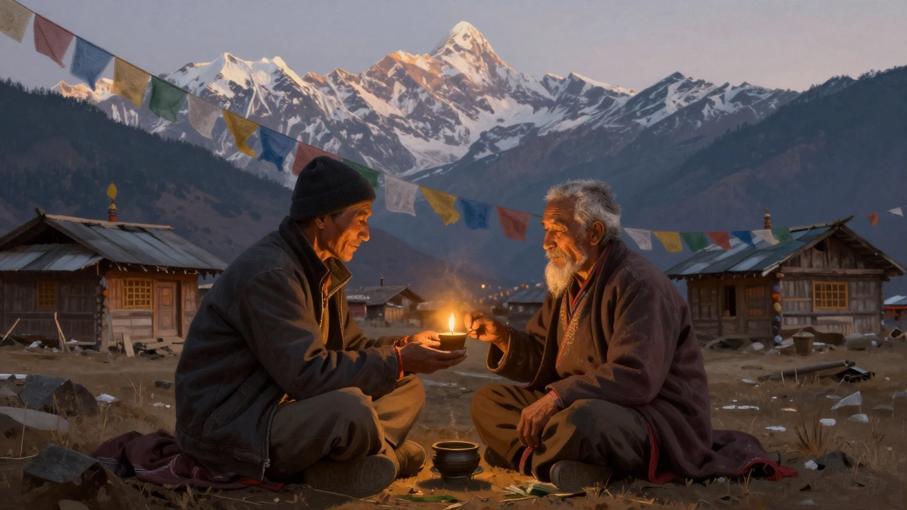 Путешественник пьет чай с местными жителями в деревне у Гималаев на рассвете.