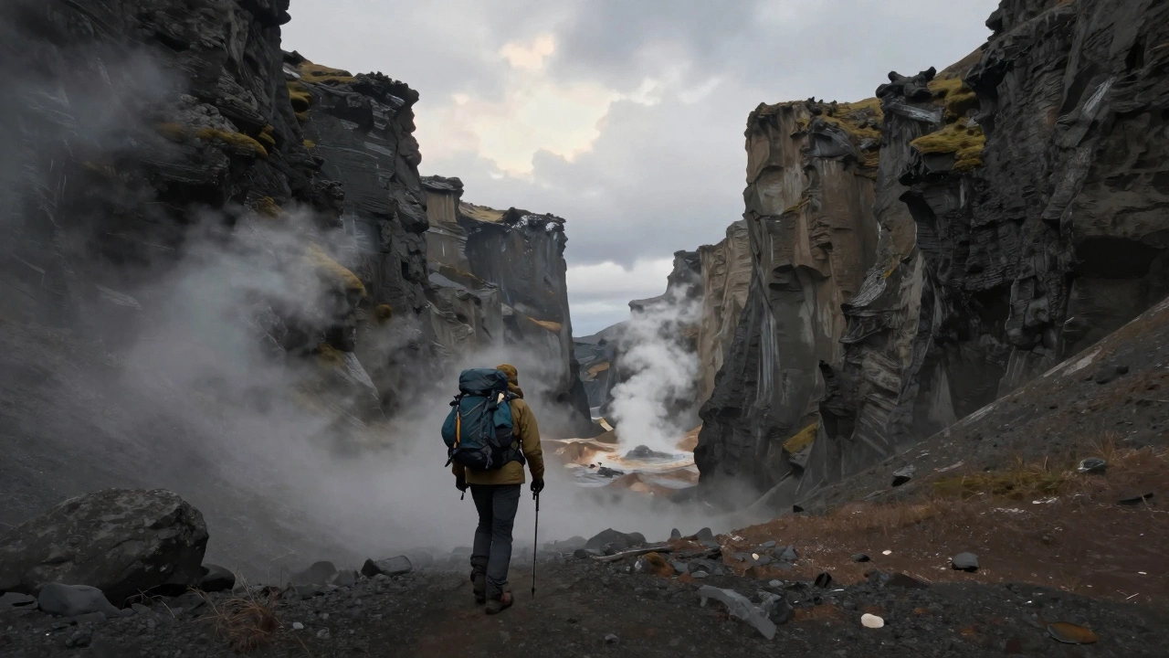 Путешественник спускается по каньону в Исландии, рядом извергается гейзер.