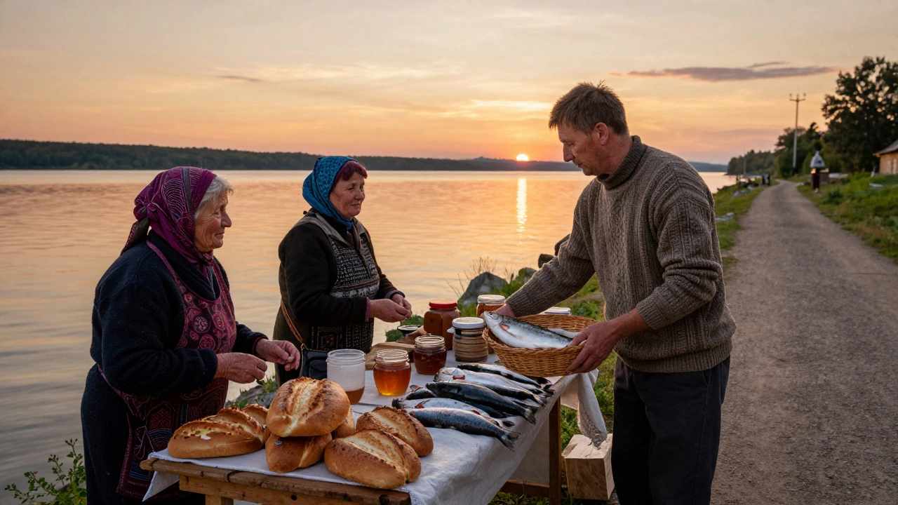 Рынок у озера на закате: бабушки продают хлеб, мёд и рыбу, тихий пейзаж без туристов.