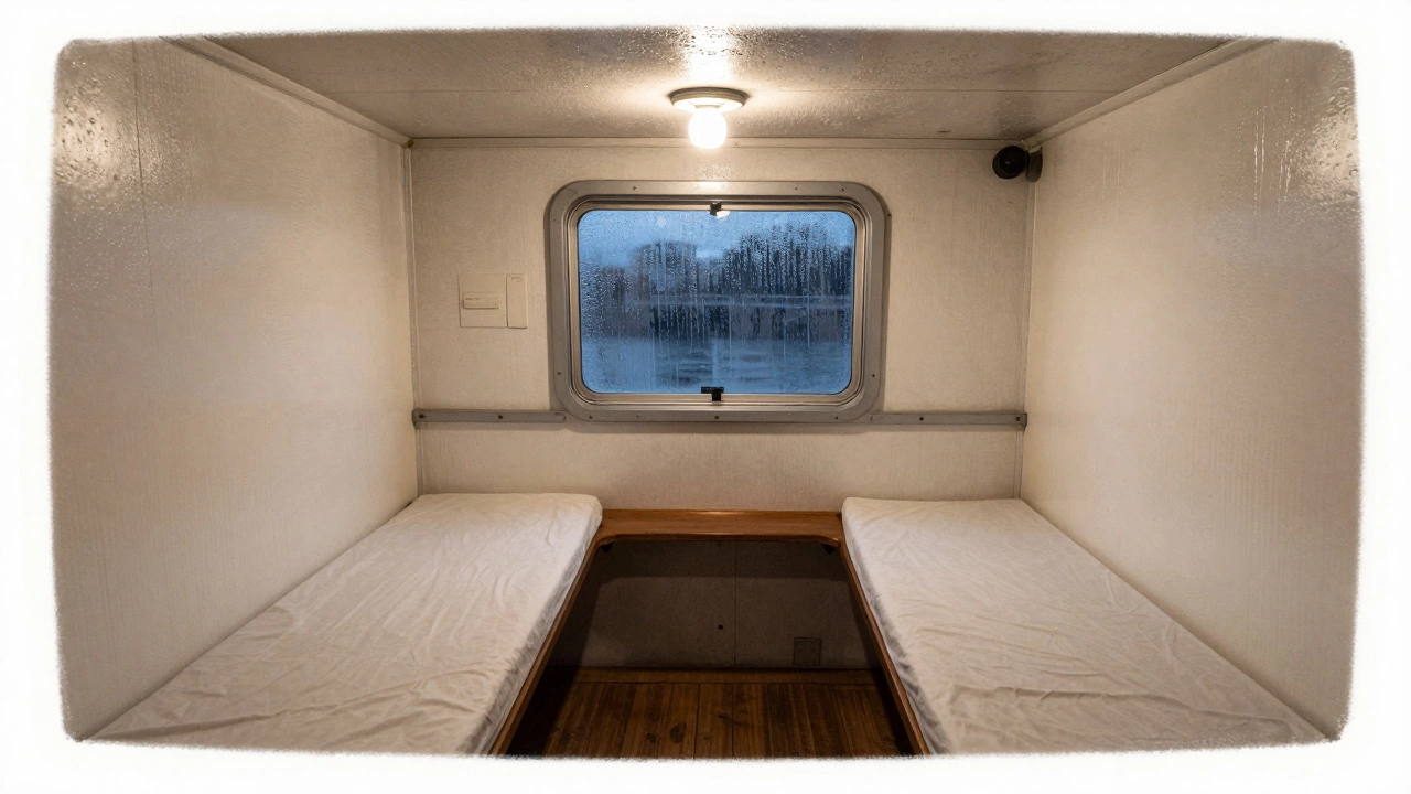 Стандартная каюта на нижнем уровне с узкими кроватями и неподвижным окном.