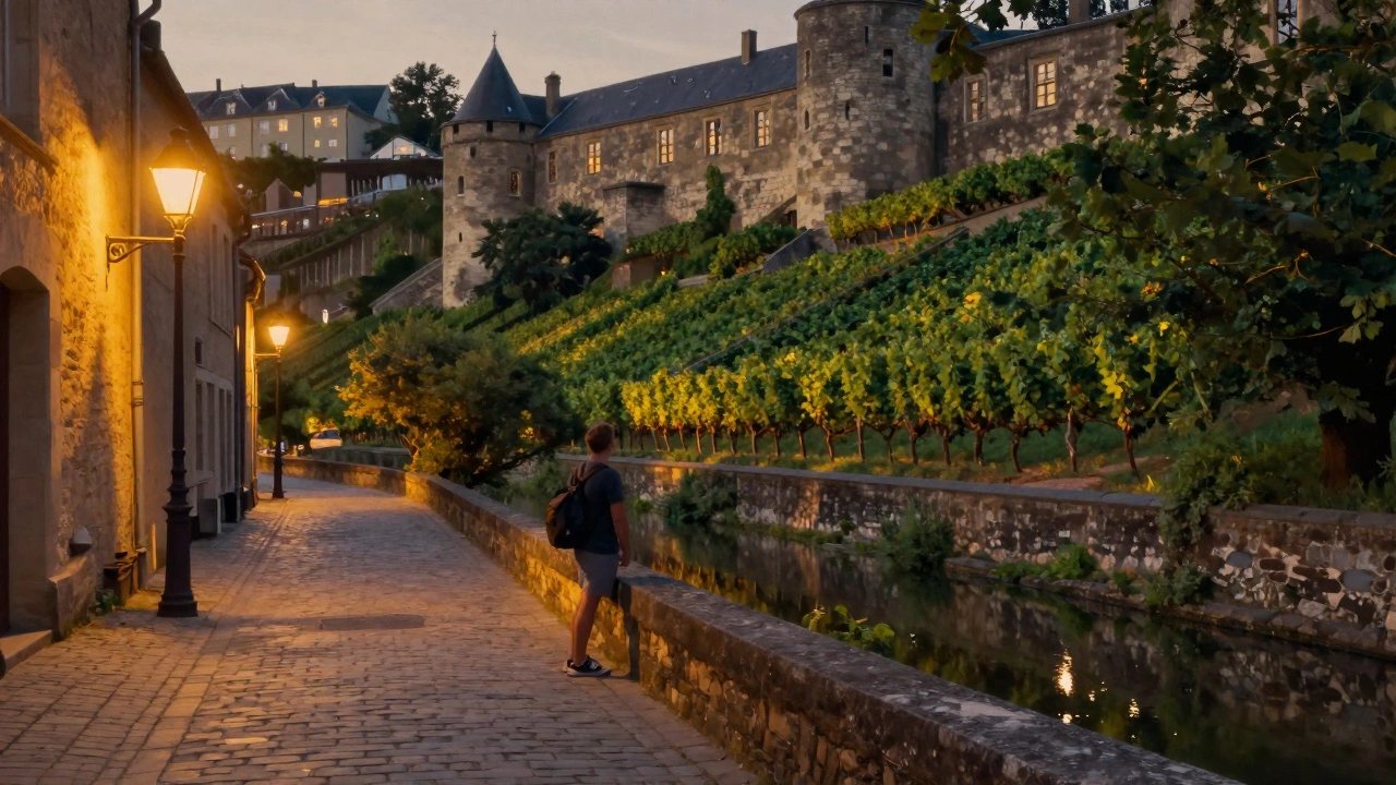 Тихий старый город Люксембурга с виноградниками и каменными замками.