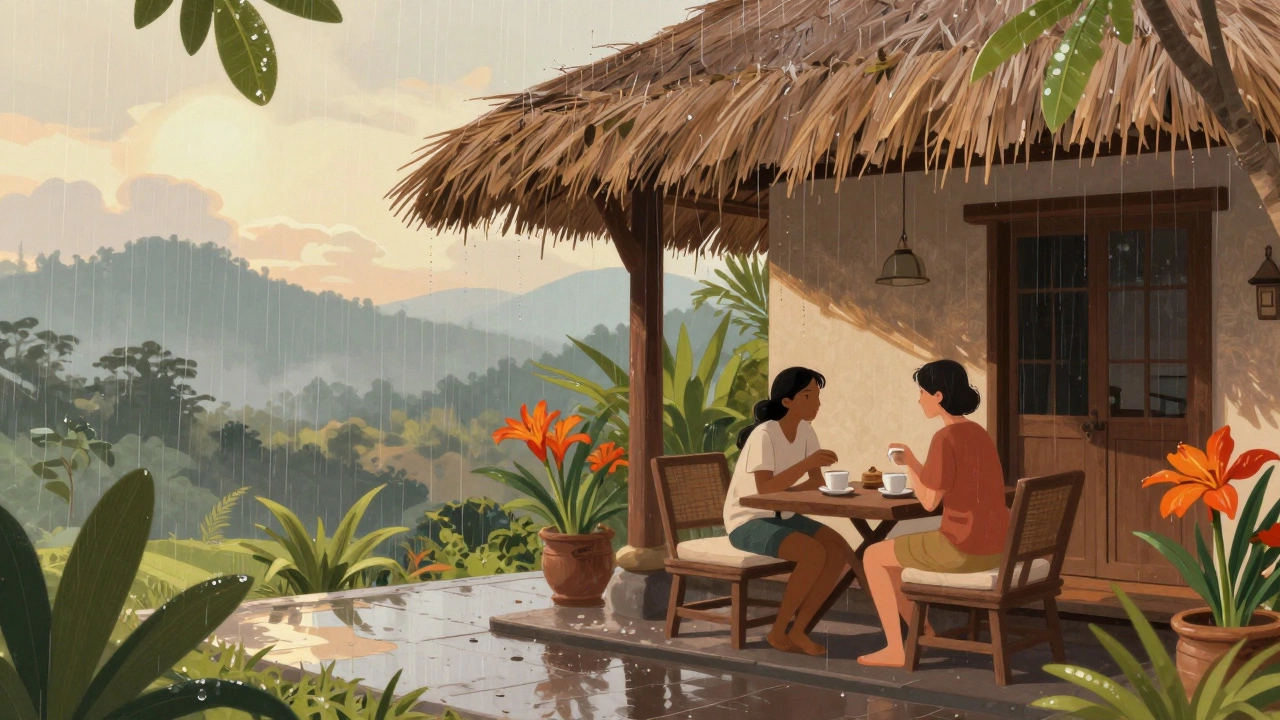 Уютная терраса на Бали в марте, пара пьёт кофе под крышей после дождя, зелень и туманные холмы.