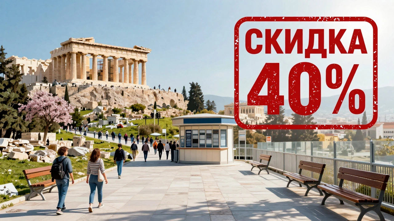 Акрополь в Афинах после праздников: пустые дорожки и символ скидки.