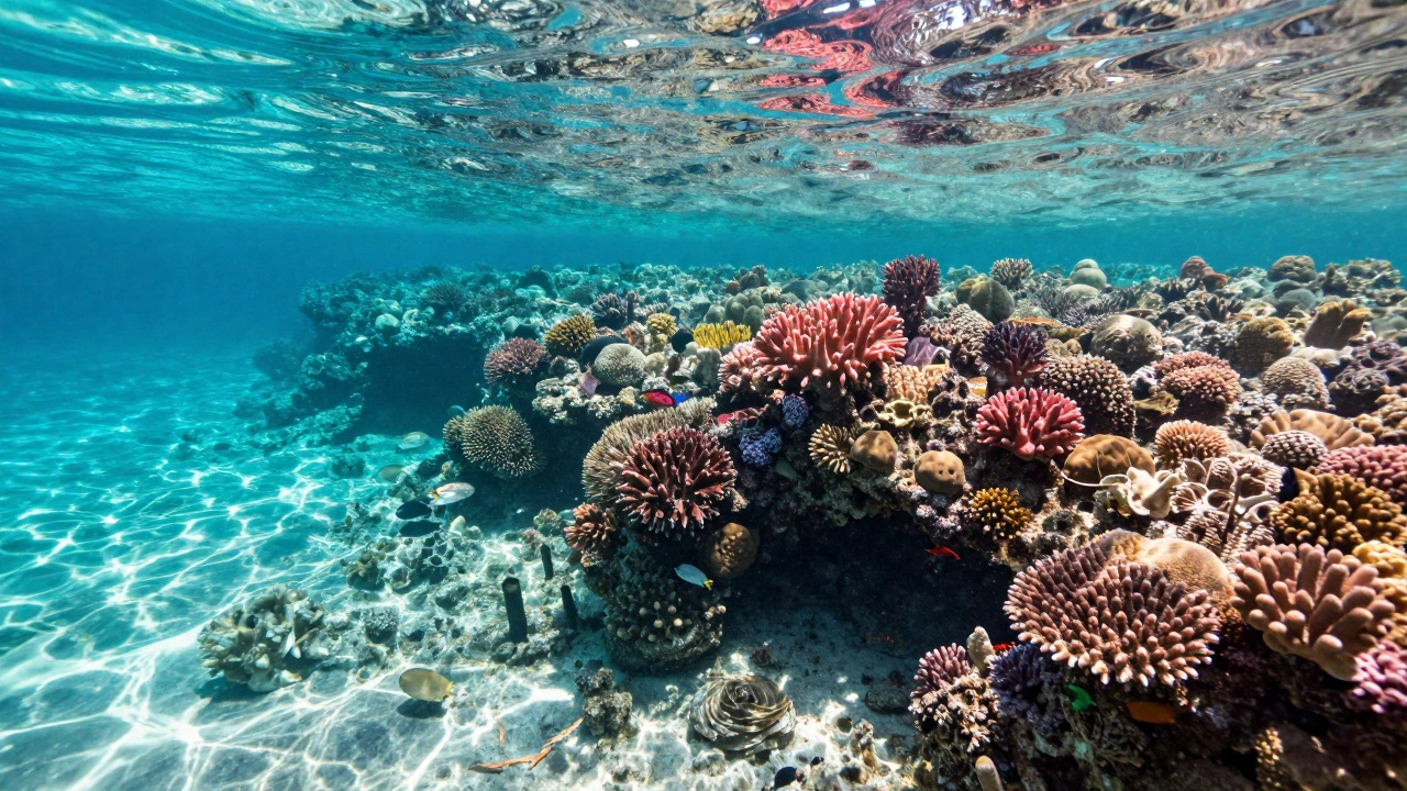 Яркое подводное фото кораллов и воды Красного моря.