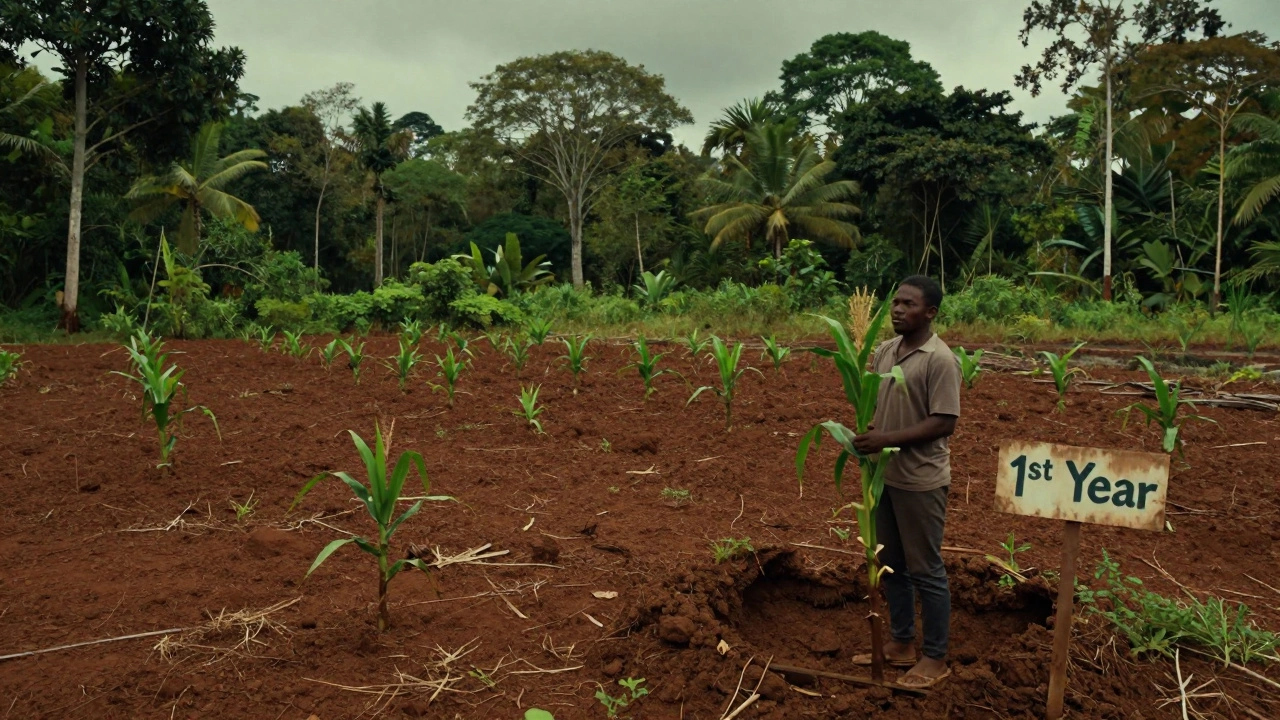 Бедная почва после вырубки леса, где растут лишь слабые растения.