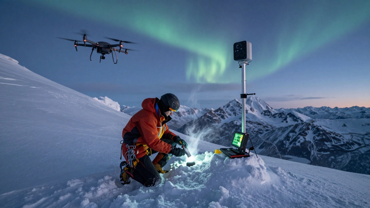 Исследователь в горах Камчатки собирает образцы льда среди научного оборудования, на фоне тёмного неба с едва заметной полярной зорей.