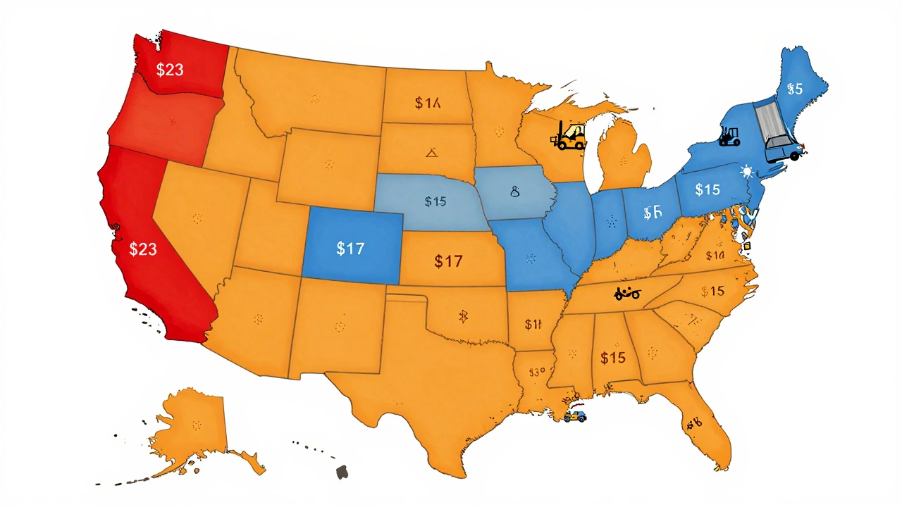 Карта США с цветовыми зонами зарплат грузчиков и силуэтами рабочих в разных штатах.