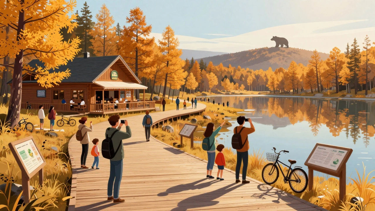 Национальный парк в Сибири: туристы, кафе, дорожки, дети смотрят на медведя в лесу.