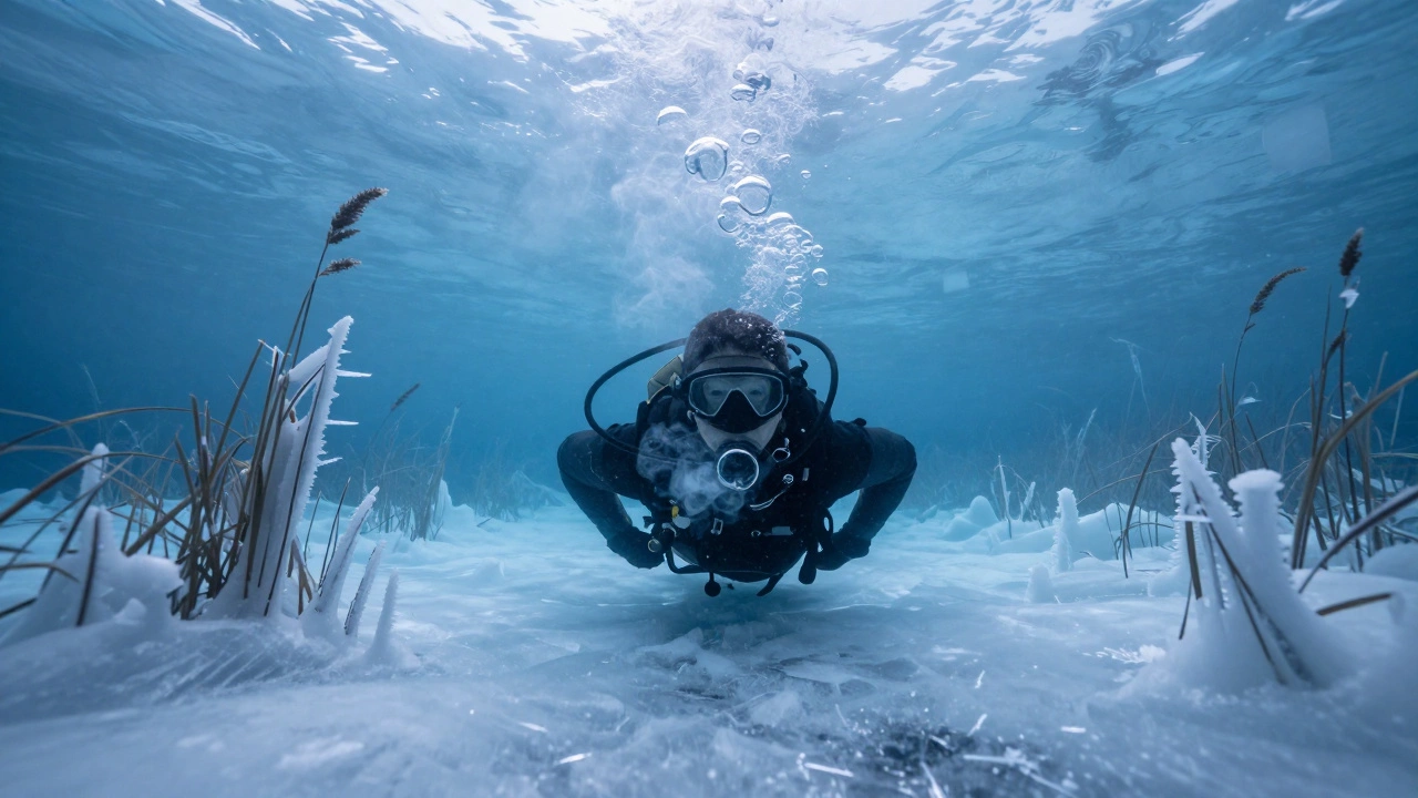 Ныряльщик под льдом в Сибири, свет проникает сквозь ледяной покров.