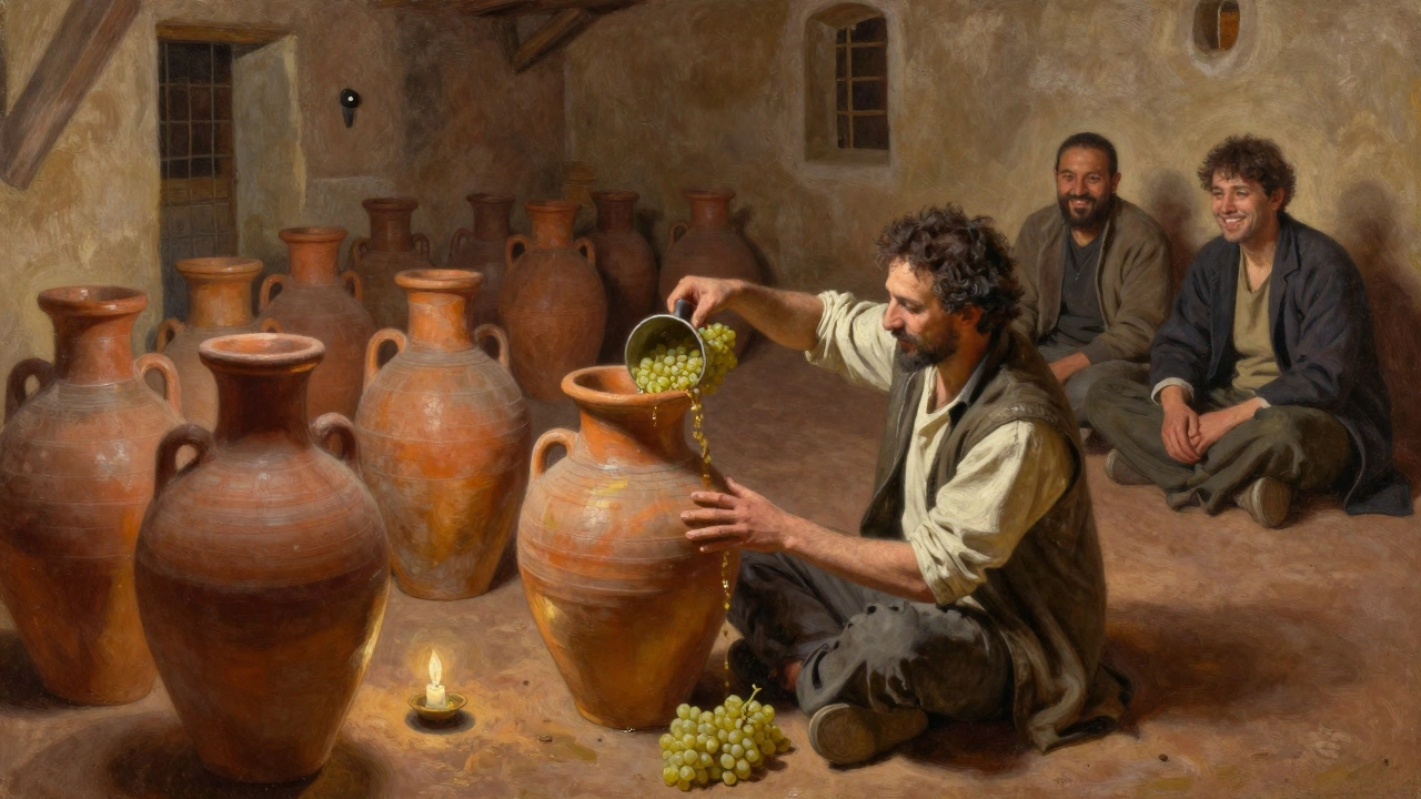 Посетитель участвует в закваске вина в грузинском погребе с керамическими сосудами.