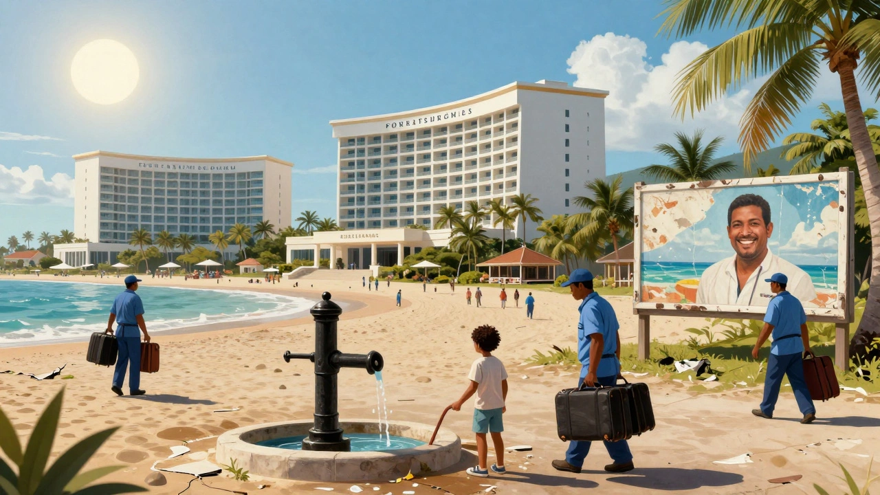 Роскошный отель на побережье, где местные работники обслуживают туристов.