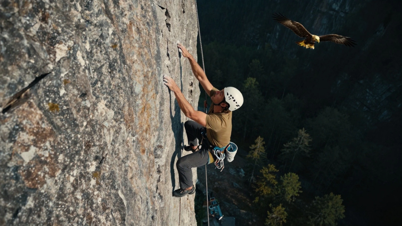 Скалолаз без страховки поднимается по отвесной скале в Красноярске.