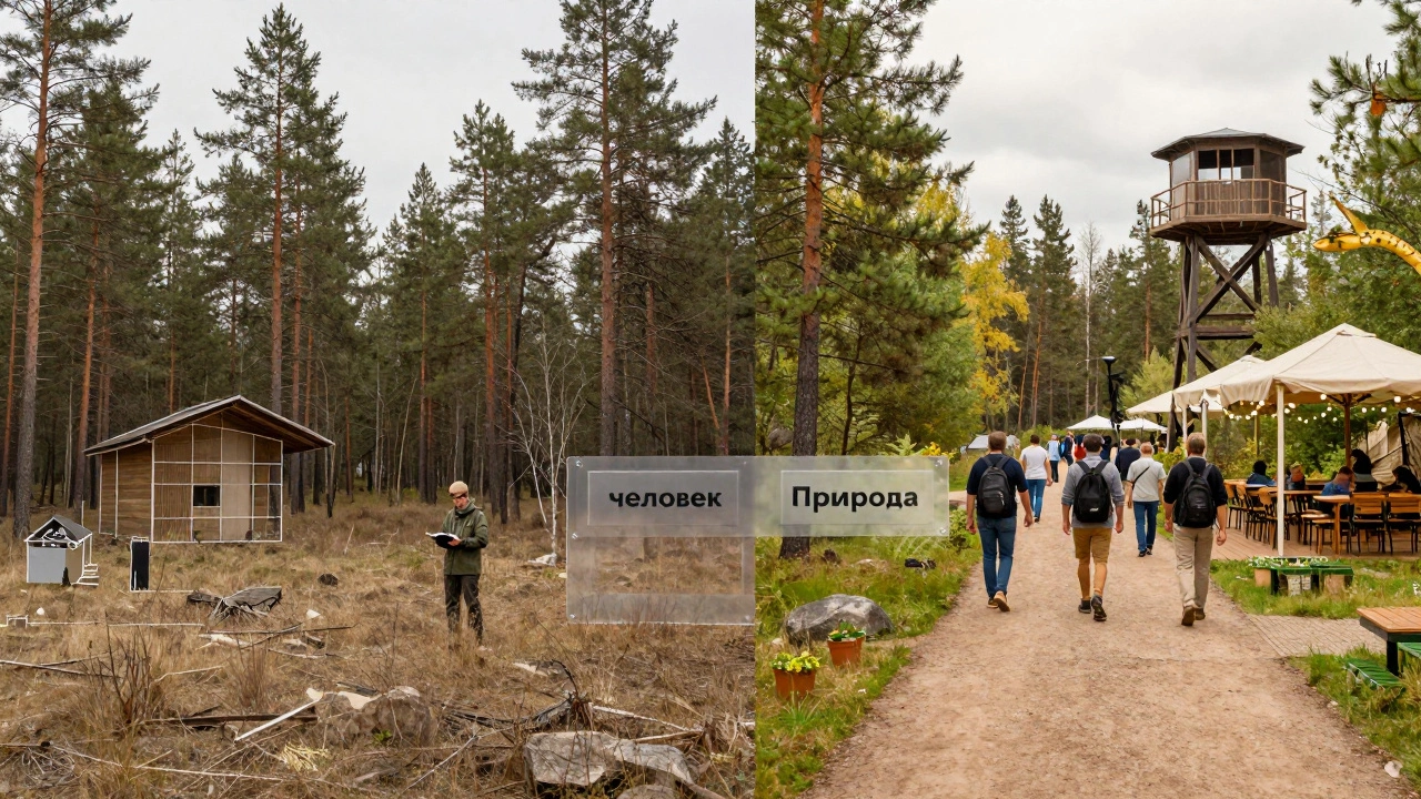 Сравнение: заповедник без людей и парк с людьми — разделены символической границей.