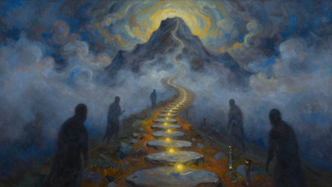 Сюрреалистичное изображение восхода по облачному пути к светлой вершине
