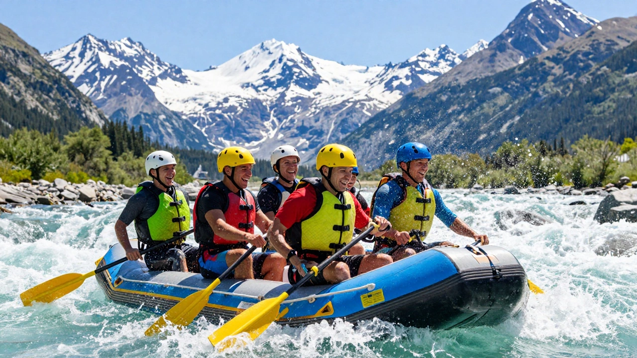 Веселая группа туристов плывет на рафте по горной реке